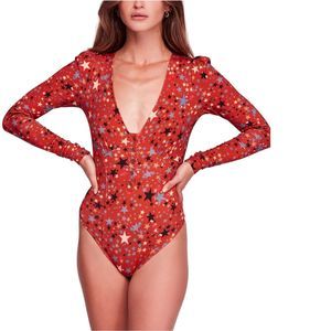 Free People | Girls Like Us Printed Long-Sleeve Bodysuit | Red